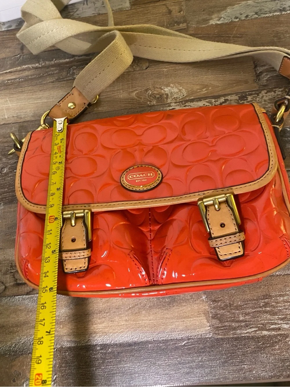 Coach Orange Patent Leather Signature Crossbody with Tan Trim - Picture 12 of 13